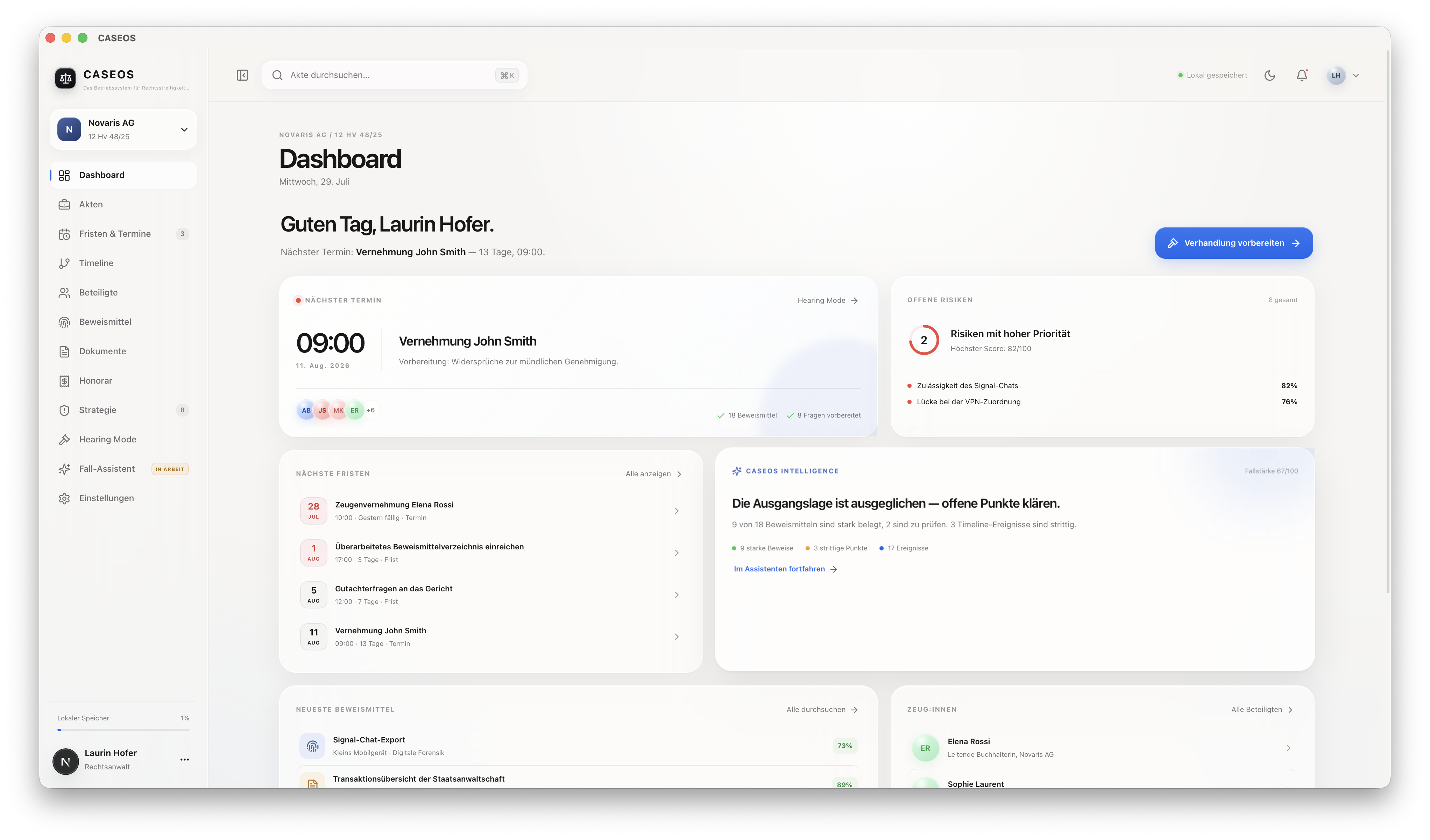 CASEOS Dashboard mit Termin, offenen Risiken, Fristen und Beweismitteln
